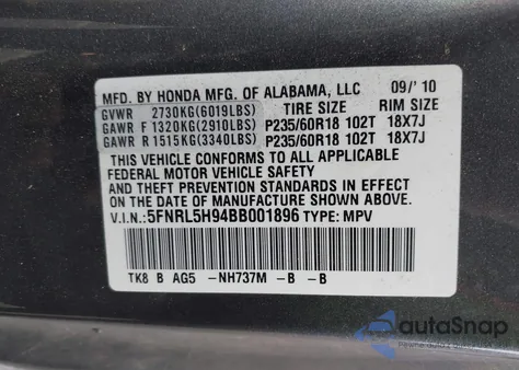 2011 Honda Odyssey Touring/Touring Elite from USA, damaged, VIN 5FNRL5H94BB001896